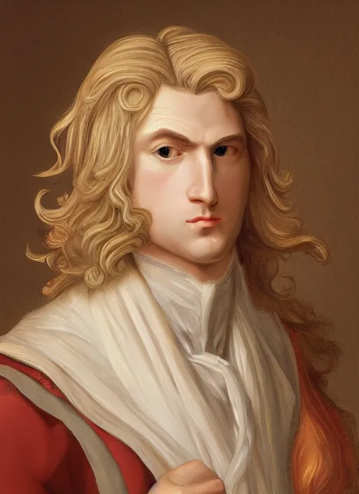 Prompt: portrait of a blond handsome man with long hair in baroque art, anime inspired, High Res 8K,hyperdetailed