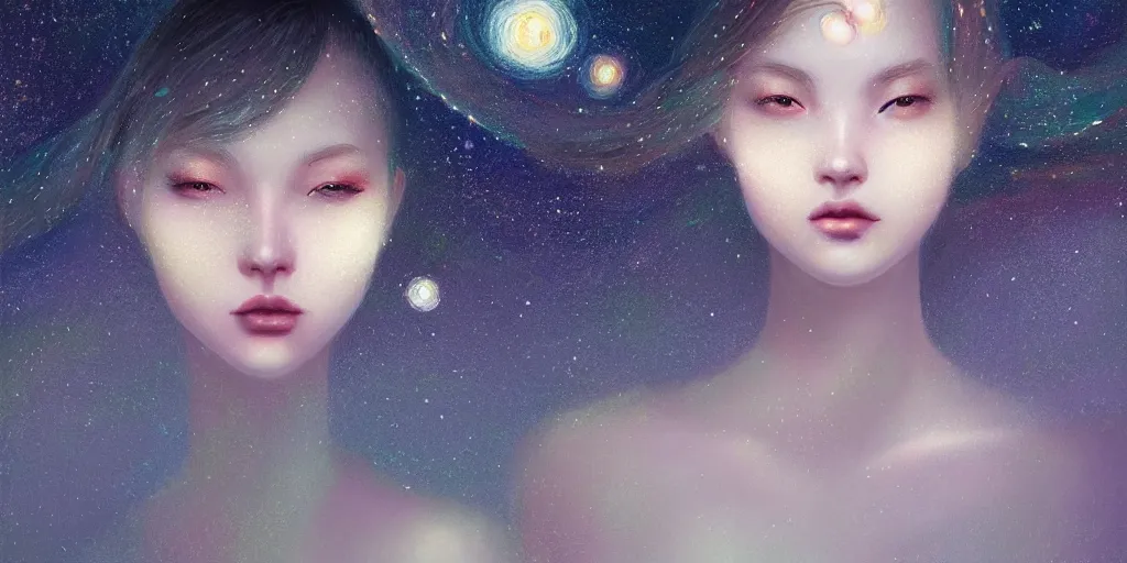 Image similar to breathtaking delicate detailed concept art painting beauty faces with starry night inside, by hsiao - ron cheng, bizarre compositions, exquisite detail, pastel colors, 8 k