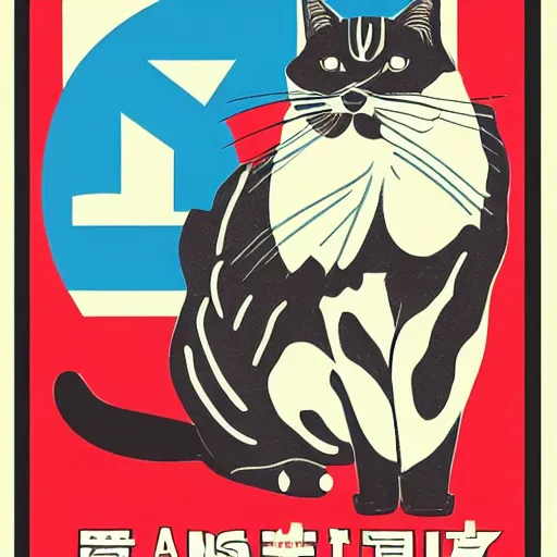 Image similar to propaganda poster with a cat as the centerpiece