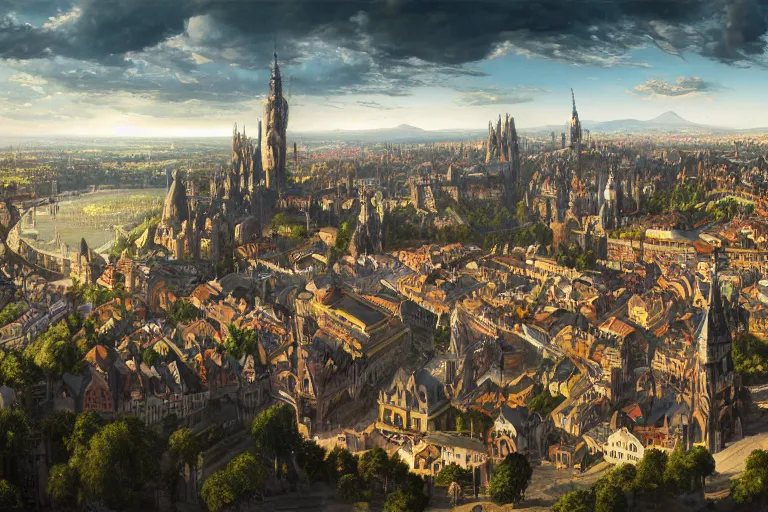 Prompt: an ultra detailed matte landscape painting of an german renaissance capital city built on top of a large hill with many tall spirally towers, sweeping vista, german renaissance architecture, ultrawide lens, aerial photography, 8 k, volumetric lighting, smooth, highly detailed, digital illustration, art by greg rutkowski and akira toriyama and artgerm