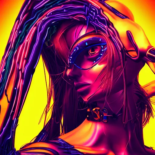 Prompt: neon veins pulsing through a woman, steampunk style, 4 k