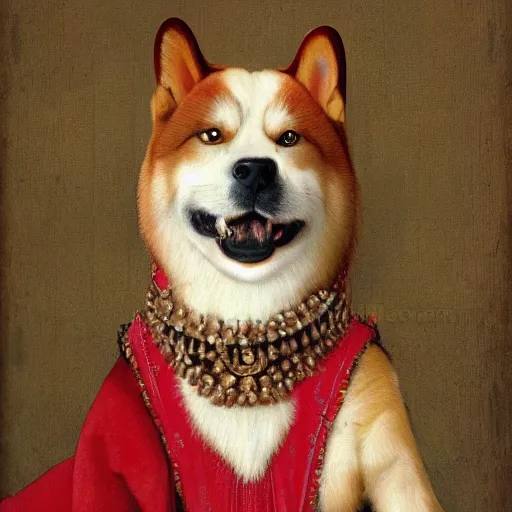 Image similar to potrait of red akita inu dog dressed as a queen in an ornate dress, renaissance painting