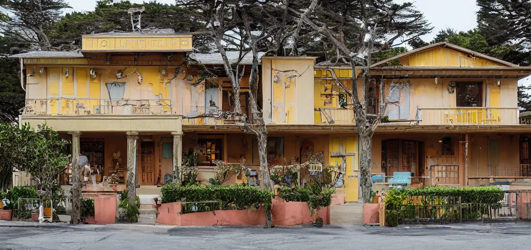 Image similar to exterior of house designed by wes anderson. monterey, ca. 2 0 2 2. 8 k.