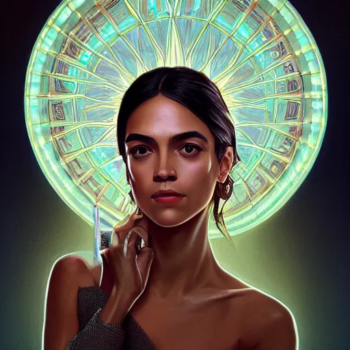 Image similar to symmetry portrait of alexandria ocasio - cortez, intricate, elegant, highly detailed, digital painting, artstation, concept art, smooth, sharp focus, illustration, art by artgerm and greg rutkowski and alphonse mucha, 8 k