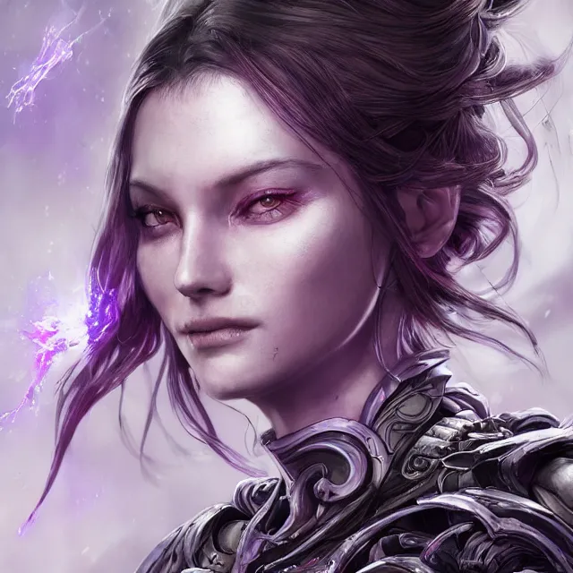 Image similar to close facial portrait of a pale woman in sci - fi armor with a flowing purple, elegant, stoic, intense, ultrafine hyperdetailed illustration by kim jung gi, irakli nadar, intricate linework, sharp focus, bright colors, octopath traveler, final fantasy, hearthstone, highly rendered, global illumination, radiant light, detailed, intricate environment