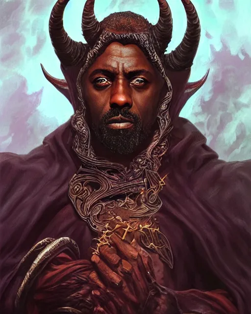 Prompt: detailed portrait of Idris Elba as a horned Tiefling powerful dungeons and dragons warlock, wearing dark robe, intricate, hyper detailed, lovecraftian, realistic, oil painting, by jeff easley, boris vallejo, cinematic lighting