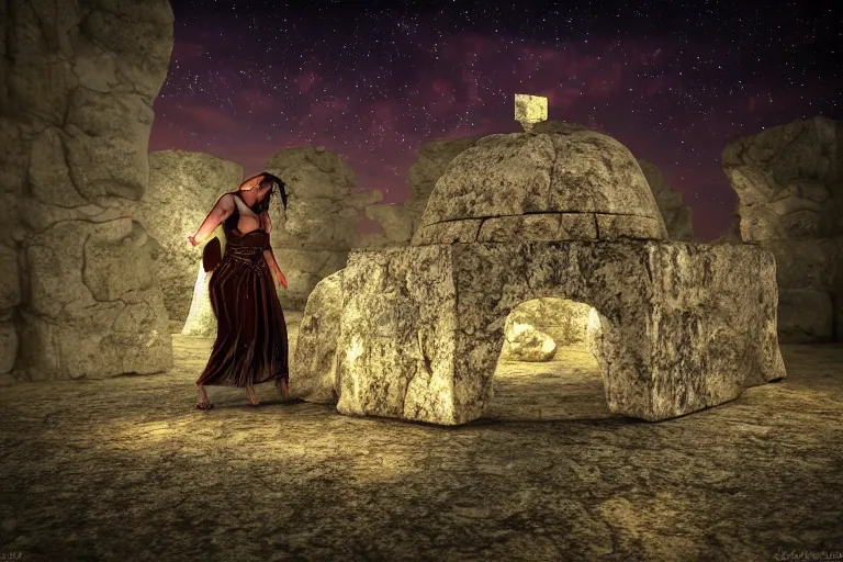 Image similar to Ġgantija megalithic temple complex malta priestess woman performing ritual at night druid fantasy art 3d render