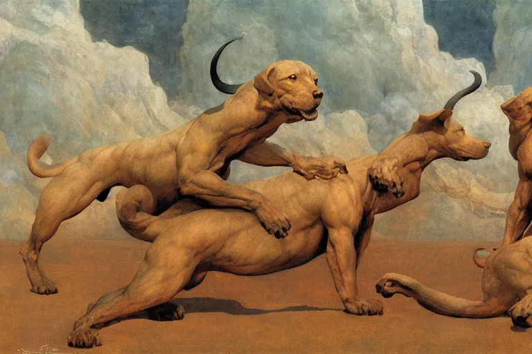 Image similar to hyperdetailed matte art of cerberus by william blake, ilya repin, amano, rene magritte, craig mullins, three headed dog, details