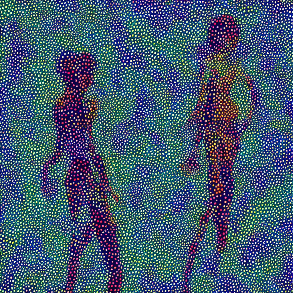 Prompt: girl figure, abstract, jet set radio artwork, cryptic, varying dots, spots, asymmetry, stipple, lines, splotch, color tearing, pitch bending, faceless people, dark, ominous, eerie, hearts, minimal, points, technical, old painting, neon colors, folds