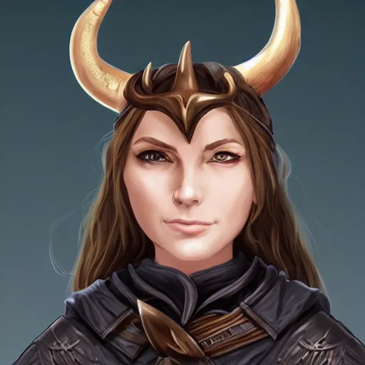 Image similar to portrait of a female cleric for a fantasy videogame, horns growing out of head, dark robes