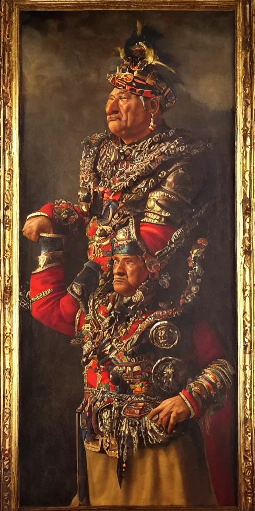 Image similar to Highly detailed and cinematic Renaissance period portrait oil painting of the Aztec emperor Montezuma!! an oil painting ((masterpiece)) by ((Josep Tapiró Baró)), dynamic lighting, 8K, Aztec!!