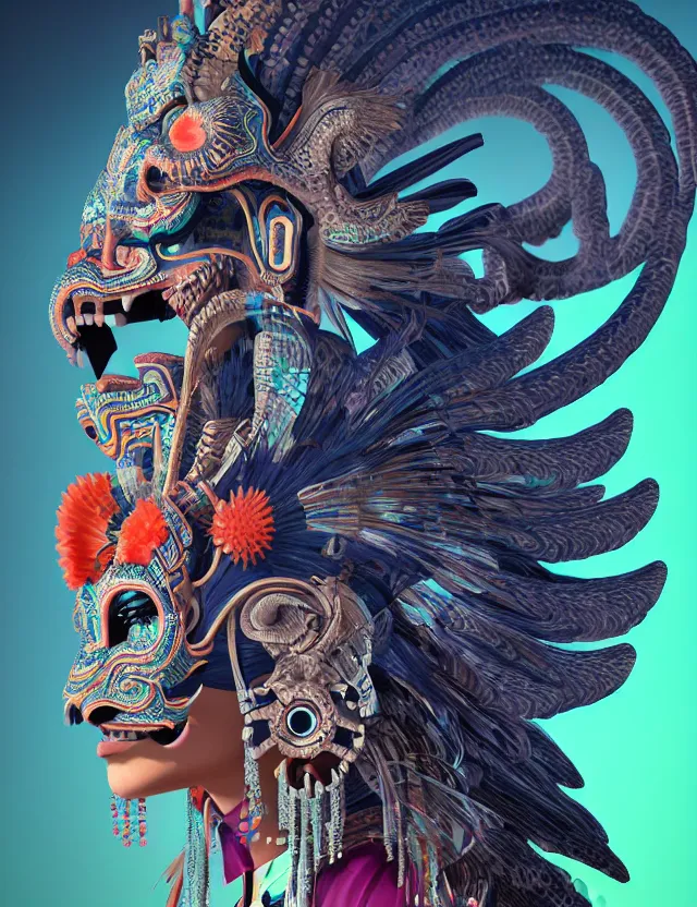 Image similar to 3 d goddess close - up profile portrait aztec with ram skull. beautiful intricately detailed japanese crow kitsune mask and clasical japanese kimono. betta fish, jellyfish phoenix, bio luminescent, plasma, ice, water, wind, creature, artwork by tooth wu and wlop and beeple and greg rutkowski