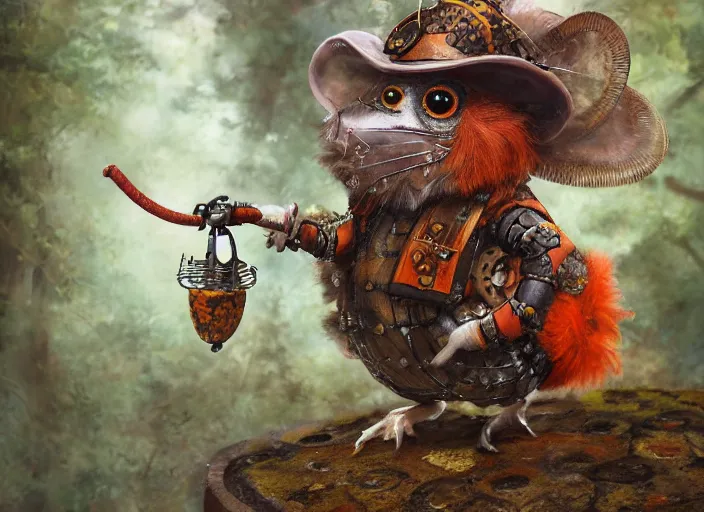 Image similar to ashigaru steampunk - inspired feathered mouse, colorful plumage, lacquered armor, cute but determined, hard focus, art station, by jessica rossier and brian froud, cinematic fantasy painting, orange grey white, in a woodland glade