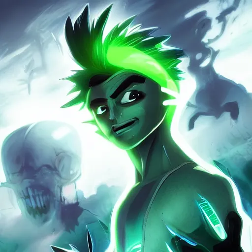 Image similar to A digital matte intricate illustration concept art of young Danny phantom with glowing green eyes and sharp teeth alt art fashion inspired art by Charlie Bowater and Artgerm and Mark Arian and Ross Tran + neon colors, wakfu colors + symmetry + greco-roman art, intricate complexity, epic composition, magical atmosphere, highly detailed, cinematic lighting + masterpiece, trending on artstation + 8k