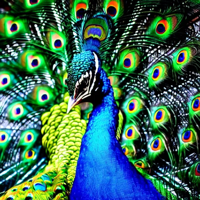 realistic photo of beautiful colorful peacock sitting