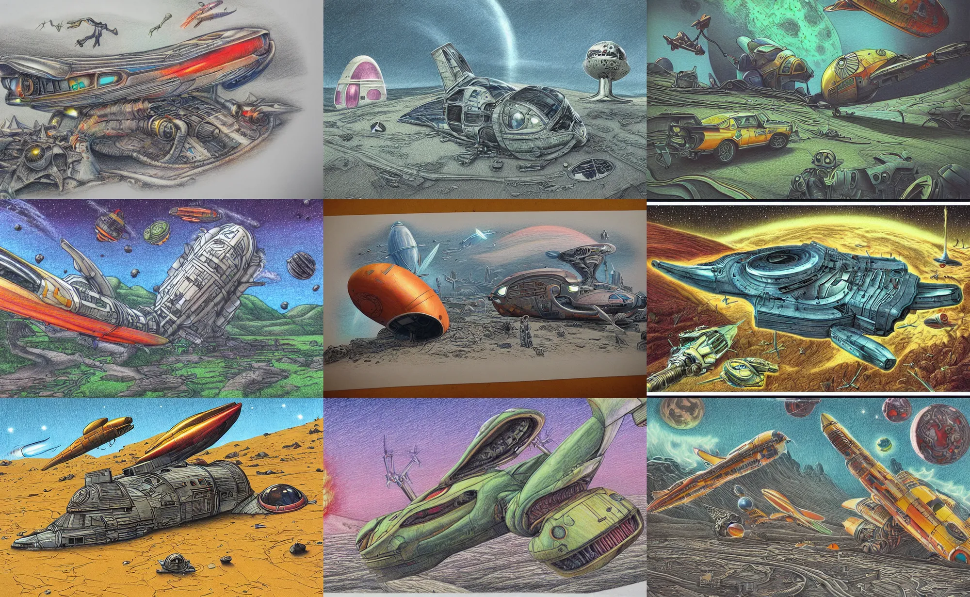 Prompt: intricately detailed color pencil drawing, realistic retro spaceship crash landed on an alien landscape