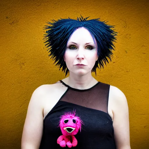 Prompt: portrait of a beautiful happy muppet puppet goth woman, spiky short hair, blurry urban background, cinematic, Serious eyes