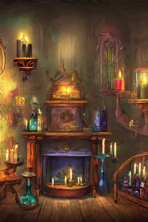 Prompt: a matte painting gothic counter parlor with bottles of potions and flickering candles colorful by, tyler edlin