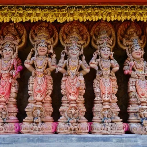 Image similar to hindu gods and goddesses posing together, carved in a temple