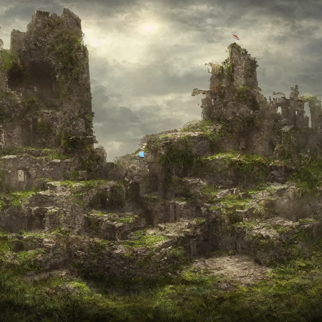 Image similar to looking up at a ruined castle on a small island only reachable by a small land bridge, 8 k, ultra realistic cinematic, intricate, cinematic light, concept art, illustration, art station