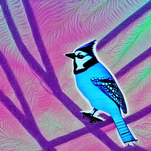 Prompt: a blue jay vaporwave art.