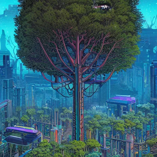 Prompt: biopunk city with a very high tree with leaves that has people connected to it by Dan Mumford, Trending on artstation, 4k