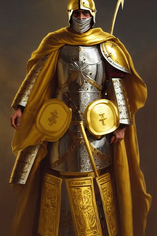 Image similar to man looking forward in decorated with gold baroque style christian crusader armor, helmet covering a his face covered and decorated with golden cross on it and white cape covering half of his body standing at the gates of jerusalem drawn by greg rutkowski realistic high detail