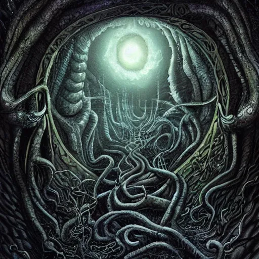 Prompt: old gods looking at the world for the first time, dark and beautiful, stunning 4 k, extremely detailed, opening shot, full colour, h. p. lovecraft, fantastic, fantasy. - n 9