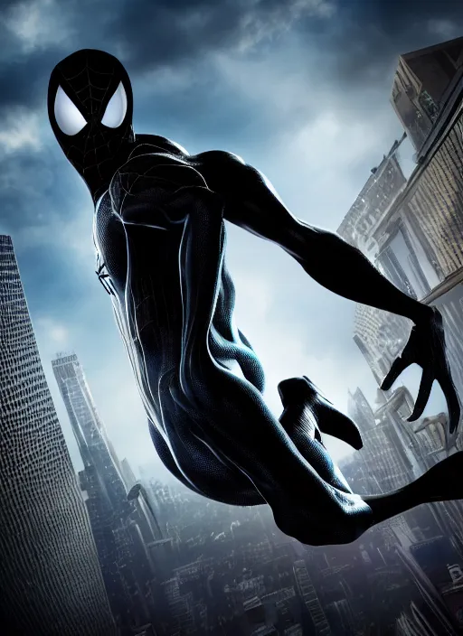 Image similar to photograph of a symbiote and spider - man hybrid, dslr, cinematic, volumetric lighting, 8 k resolution, photorealistic