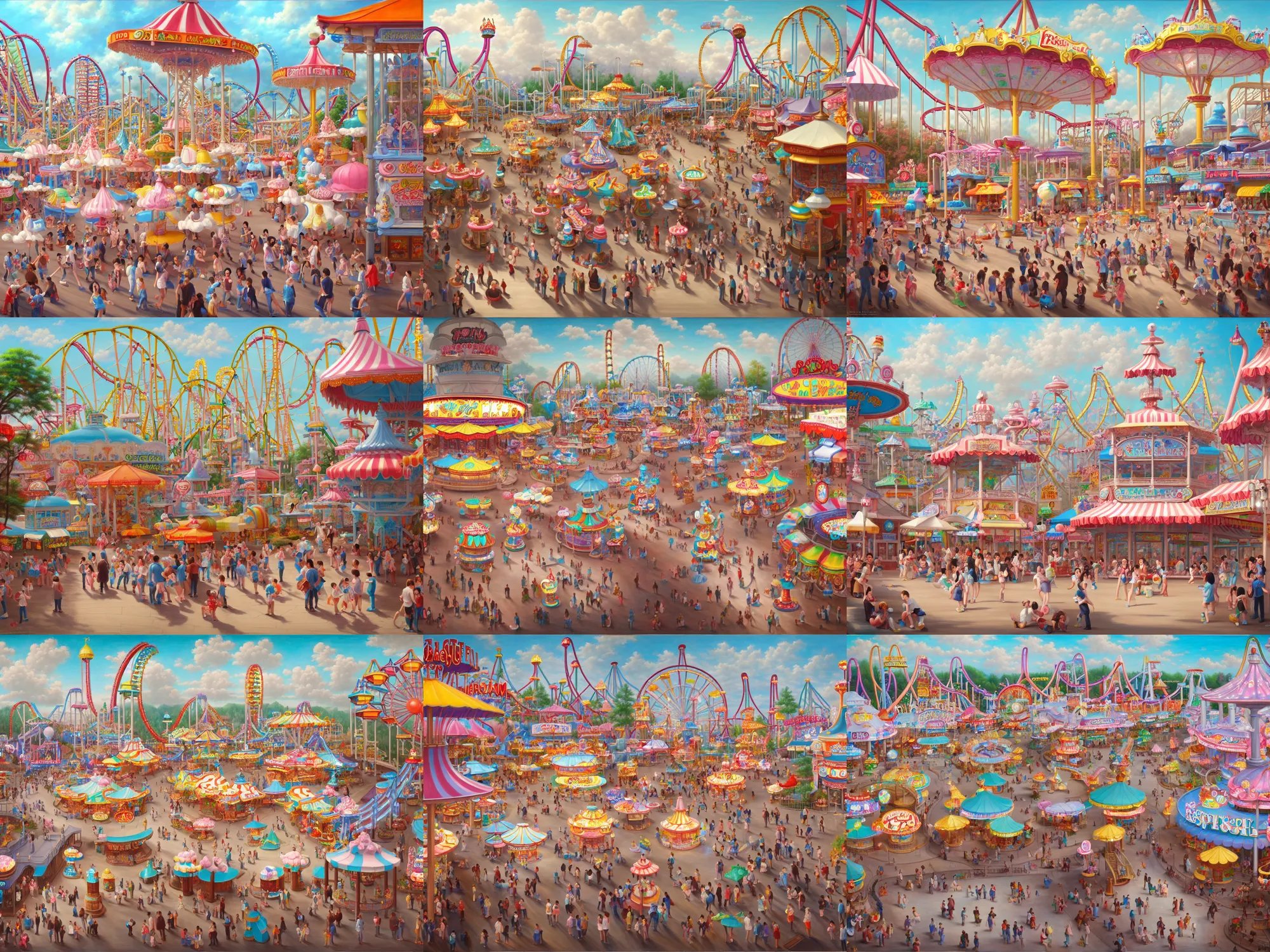 Prompt: an amusement park with an ice cream themed decoration style. trending on pixiv and artstation. an absurdly detailed oil painting by a top rated artist