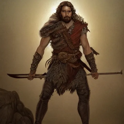 Image similar to renaissance full body portrait of a gruff ranger with a spear, lean and toned, handsome face, hairy chest and hairy body, D&D, intricate, elegant, highly detailed, digital painting, artstation, concept art, matte, sharp focus, chiaroscuro, well list, illustration, art by Da Vinci, Artgerm and Greg Rutkowski and Alphonse Mucha