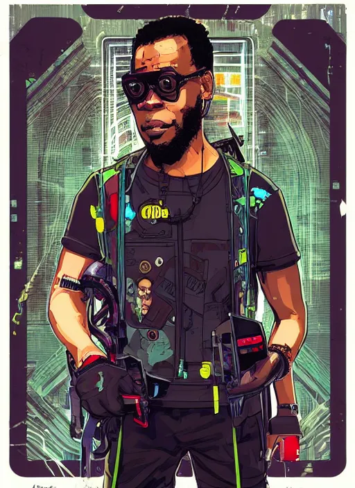 Image similar to chidi igwe. cyberpunk hacker in tactical jumpsuit. portrait illustration, pop art, splash painting, art by geof darrow, ashley wood, alphonse mucha, makoto shinkai ( apex legends )