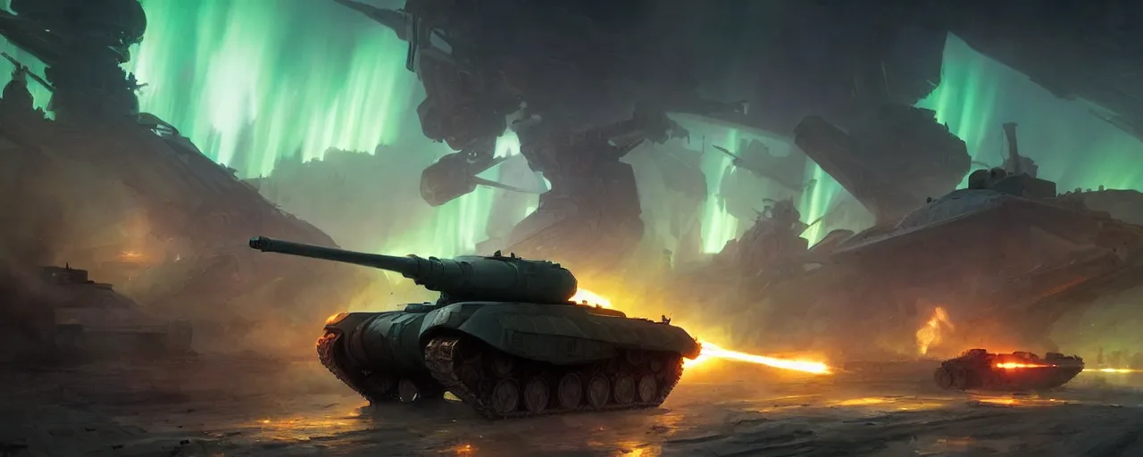 Image similar to tank the battlefield, epic scene, volumetric lighting futuristic, intricate, highly detailed, digital painting, artstation, concept art, cinematic, smooth, sharp focus, illustration, aurora borealis, unreal engine 5, 8 k, art by artgerm and greg rutkowski and alphonse mucha