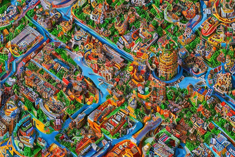 Image similar to an elaborate penned illustration of a colorful intricate connected city of tubes and pipes, by jan van haasteren and jheronimus bosch, unreal engine, physically based rendering, ariel view, tilt - shift