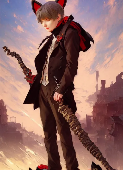 Prompt: harmony of red abandoned city, cute handsome yoongi with cat ears & tail wearing jacket & pants, amazing composition & dynamic posing, by franz xavier leyendecker, wlop! muted colors, highly detailed, fantasy art by craig mullins, thomas kinkade cfg _ scale 9