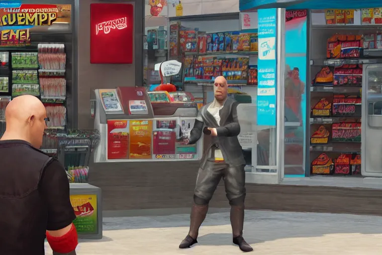 Image similar to agent 4 7 ordering a slurpee at 7 1 1, ps 5 god of war screenshot