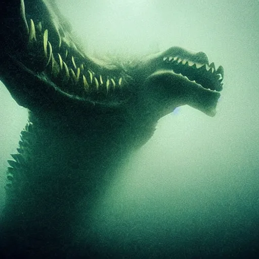 Image similar to sea monster about to eat pov underwater, pale skin, dark yellowish water, foggy water, dark, dramatic,'silent hill ', big eyes, alluring and terrifying, cinematic