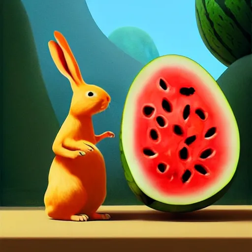 Prompt: Goro Fujita illustrating a rabbit eating a giant watermelon, art by Goro Fujita, sharp focus, highly detailed, ArtStation