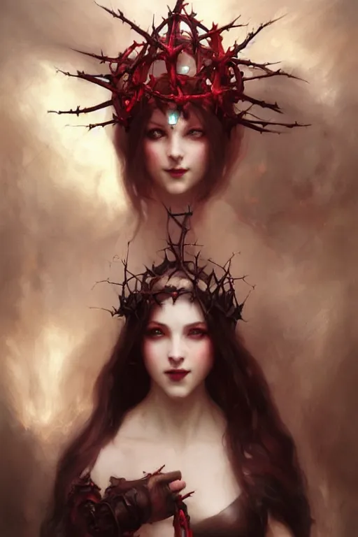 Prompt: Portrait of beautiful pale laughing succubus maiden with crown of thorns and glowing red eyes, steampunc, digital art from artstation by Ruan Jia and Mandy Jurgens and Artgerm and william-adolphe bouguereau