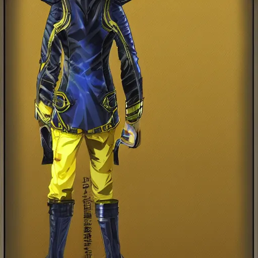 Image similar to elven male, shaggy blonde hair. Wearing modern yellow leather jacket and blue camouflage pants. Modern, concept art, Akikazu Mizuno, phantasy star online, anime