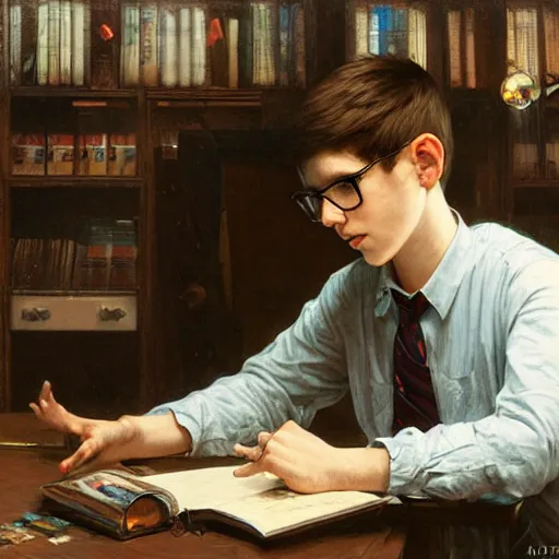 Prompt: skinny nerdy poindexter white kid with glasses playing computer games by Stanley Artgerm Lau, greg rutkowski, thomas kindkade, alphonse mucha, loish, norman Rockwel