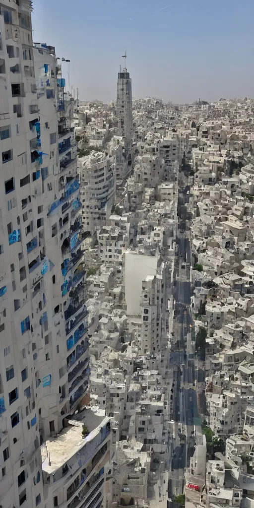 Image similar to first person view waking up in futuristic apartment in futuristic jerusalem