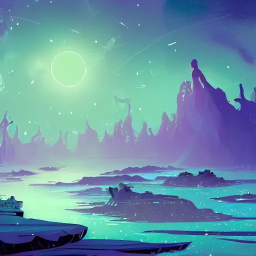 Image similar to sea under starry sky with reefs, light purple tones, animated film, stylised, illustration,, fantasy art, 2 d game art, by eyvind earle, scott wills, genndy tartakovski, roman shipunov, etienne hebinger, atey ghailan, cgsociety, cynical realism