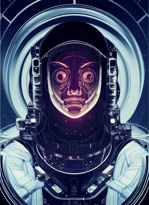 Prompt: symmetry!! portrait of astronaut, sci - fi horror, glowing lights!!, elegant, intricate, body horror, dark design, highly detailed, dark lighting, digital art, digital painting, artstation, smooth, sharp focus, illustration, art by artgerm and h r giger and greg rutkowski and alphonse mucha, 8 k