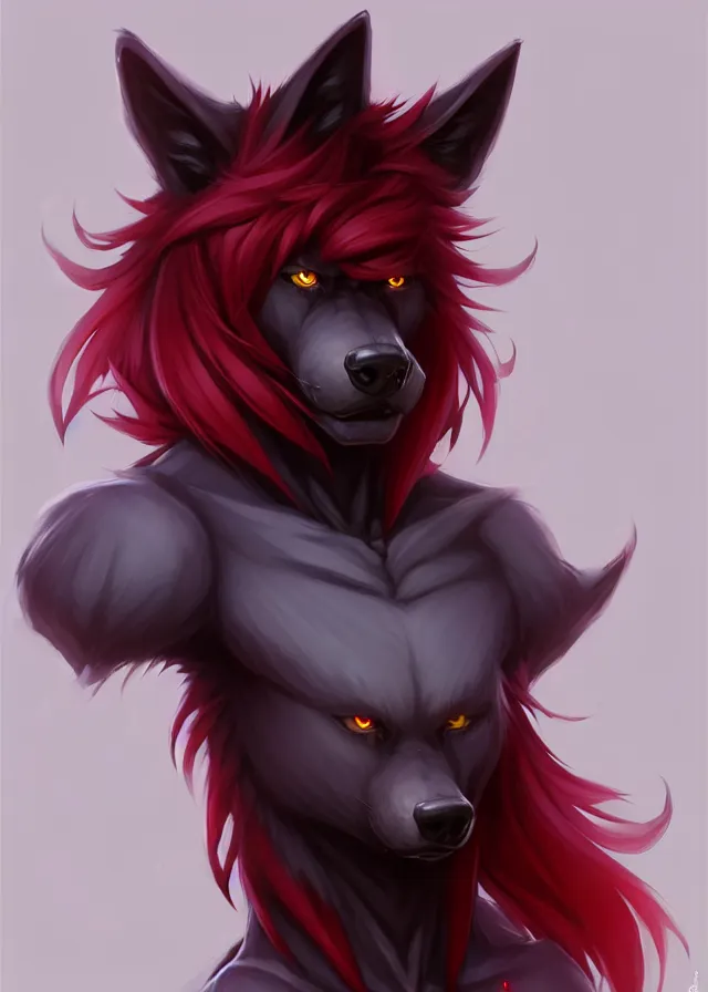 Image similar to character concept art of a black anthropomorphic male furry wolf long red hair | | cute - fine - face, pretty face, key visual, realistic shaded perfect face, fine details by stanley artgerm lau, wlop, rossdraws, james jean, andrei riabovitchev, marc simonetti, and sakimichan, trending on artstation