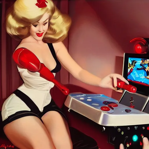 Image similar to a photorealistic artwork of a pin up girl playing with a videogame controller, by Alberto Vargas, highly detailed and intricate, cinematic lighting 4k