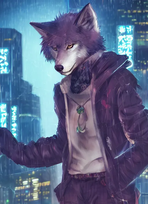 Image similar to character portrait of a male anthro wolf fursona with a tail and a cute beautiful attractive furry face wearing stylish cyberpunk clothes in a cyberpunk city at night while it rains. hidari, color page, tankoban, 4K, tone mapping, Akihiko Yoshida.