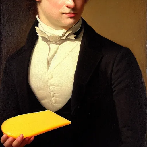 Prompt: portrait of a cat wearing a black suit jacket and holding a piece of cheese, tan vest, and white ascot, an american romanticism painting, a portrait painting, cgsociety, soft focus, oil on canvas