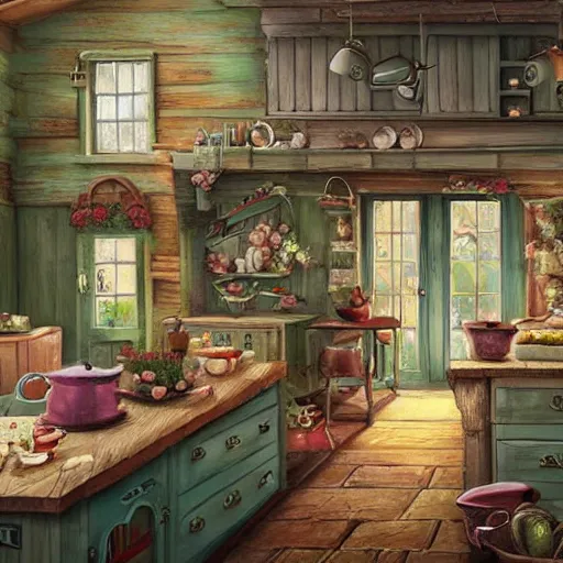 Image similar to a cute country bunny's cottagecore style kitchen, fantasy illustration, detailed painting, and deep color, professional matte painting