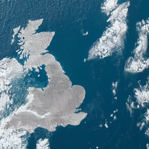 Prompt: aerial photo by nasa of the british isles in the middle of a pacific ocean